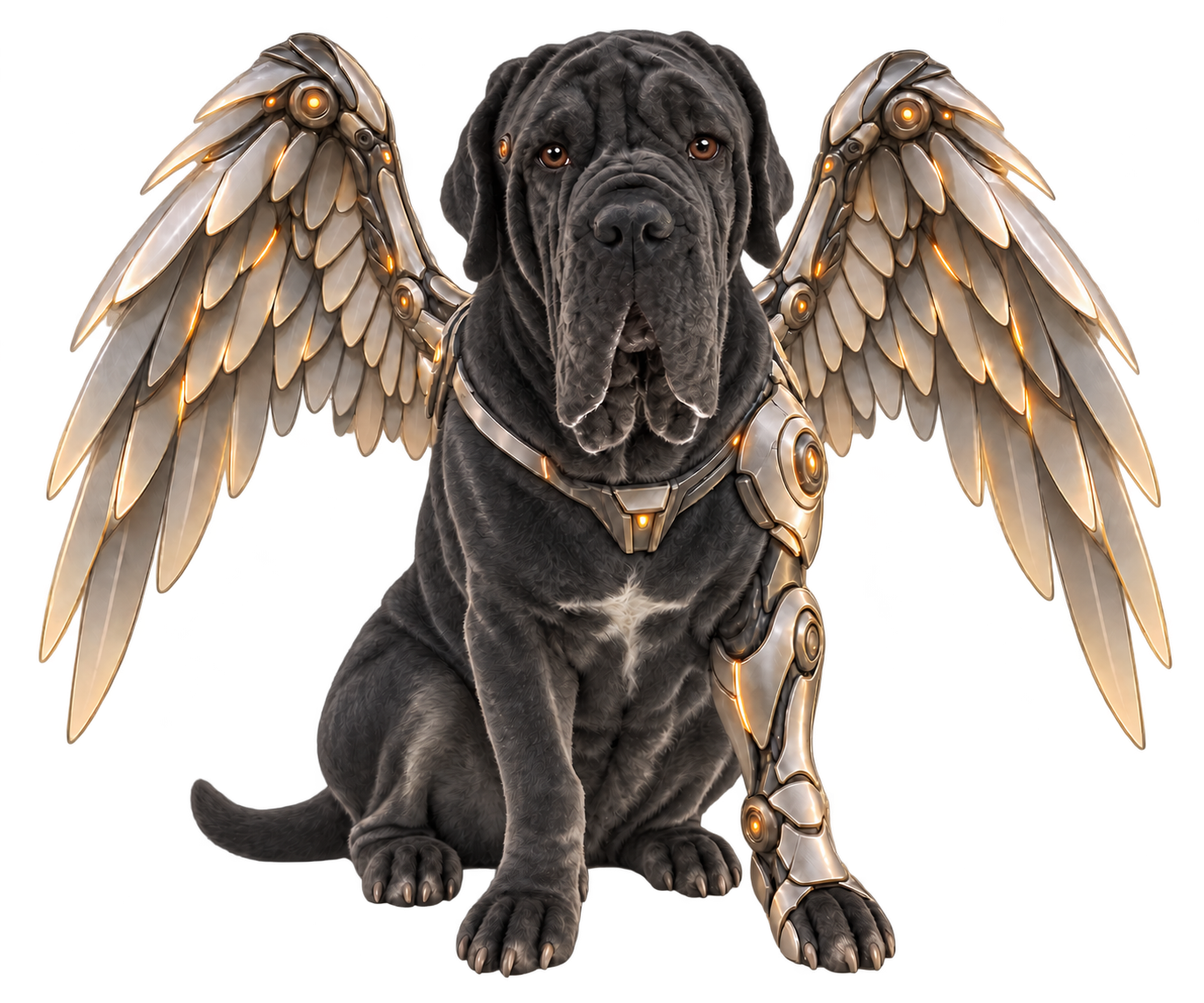 Cooca, a charcoal Neapolitan mastiff with gray eyes, a metal foreleg and articulated silver wings.